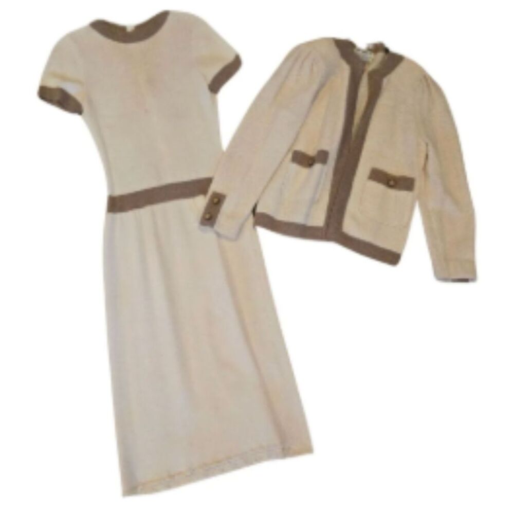 Vtg 1970s Pat Sandler Knit Set - dress & cardigan cream brown gold buttons S/M